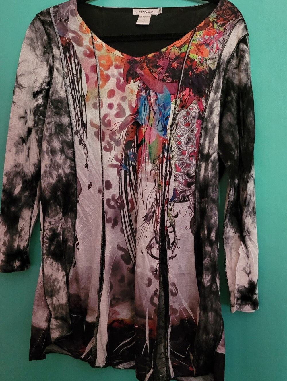 Ferrari Black Tie-Dye Long Sleeve Tunic with Multicolor Abstract Front